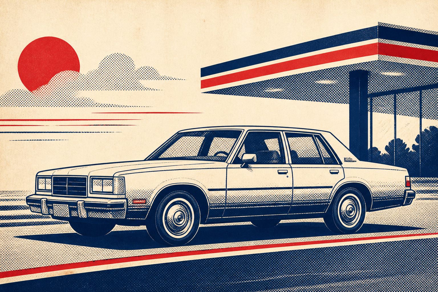 Original navy, red, and cream halftone illustration of a fictional vintage sedan outside a dealership